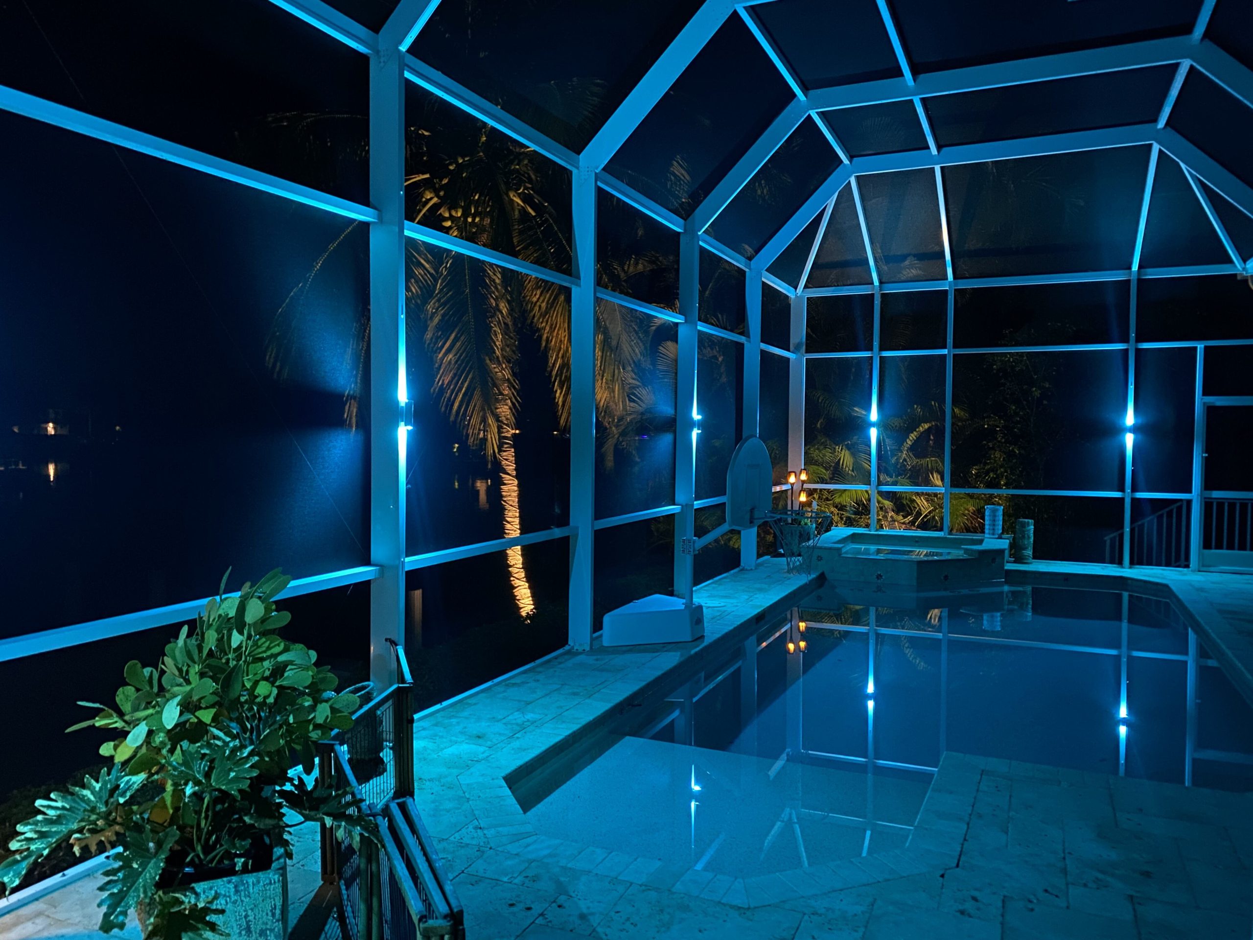 blue pool cage lighting in Naples,Florida.